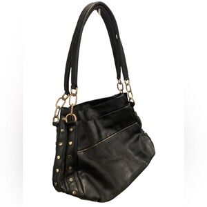 Black Rivet Gold Studded Vegan Faux Leather Shoulder Bag Black